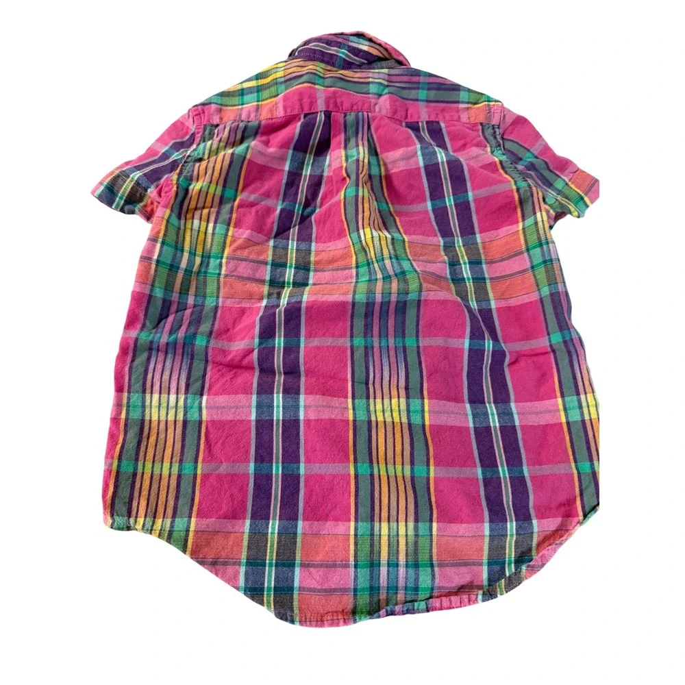 Ralph Lauren Boys Pink Plaid Short Sleeve Button Down Shirt Size 4 4T Cotton